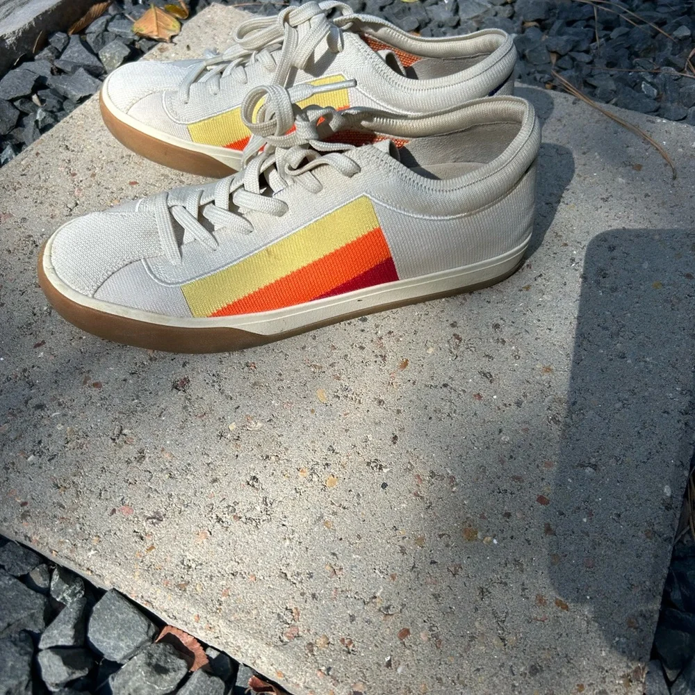 Rothy's Cream Knit Sneakers with Yellow and Orange Stripes - Picture 7 of 8